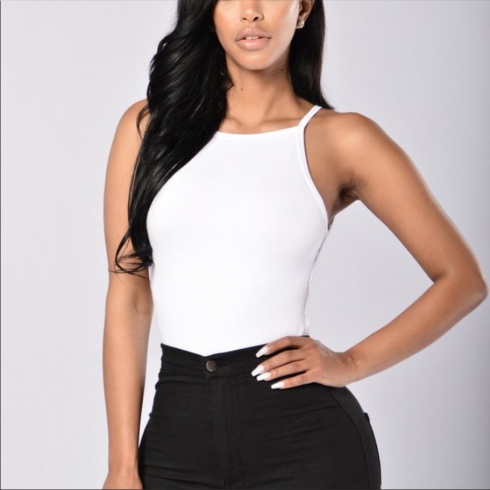 White open back thong closure body suit